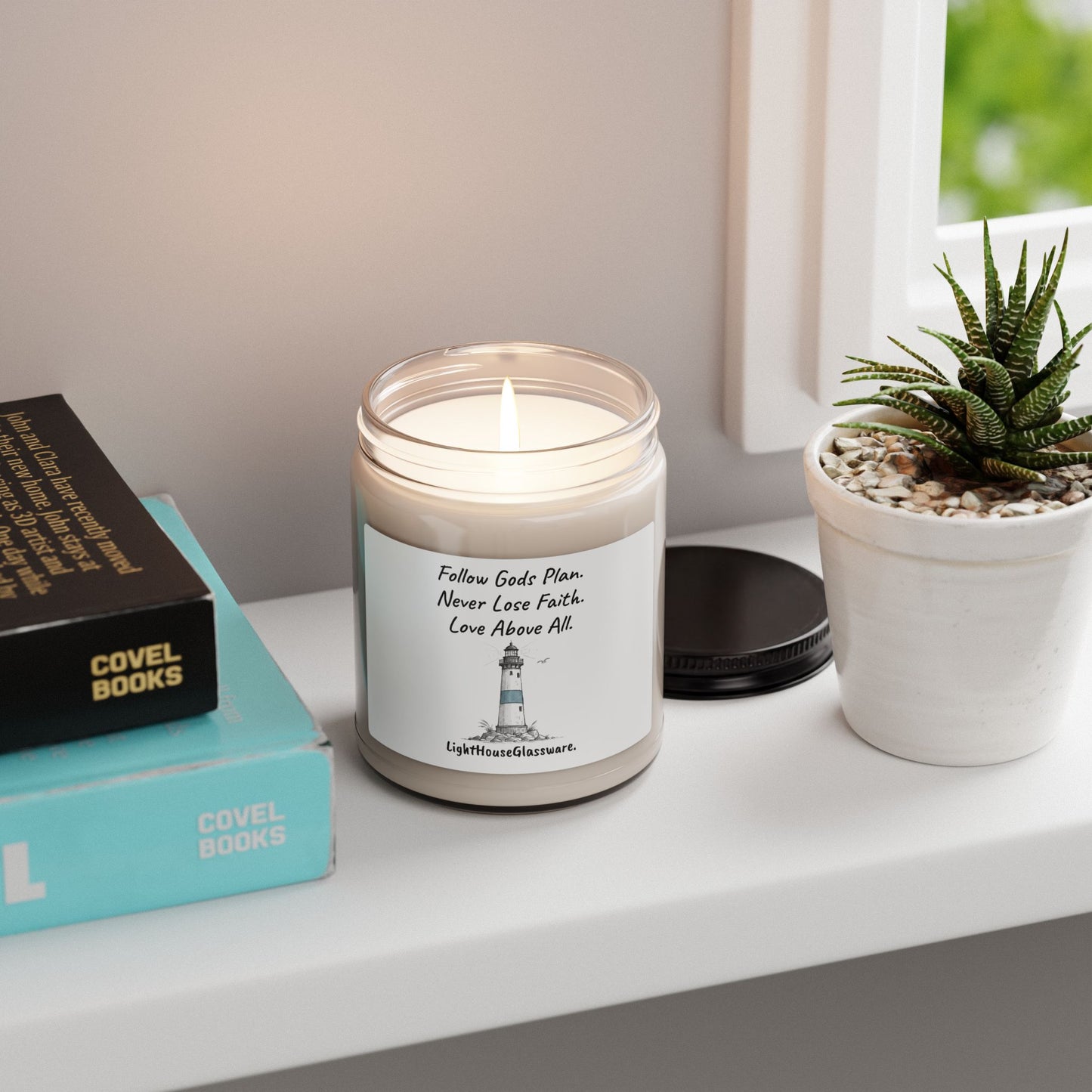 Inspirational Lighthouse Soy Candle – "Follow God's Plan, Never Lose Faith" 9oz