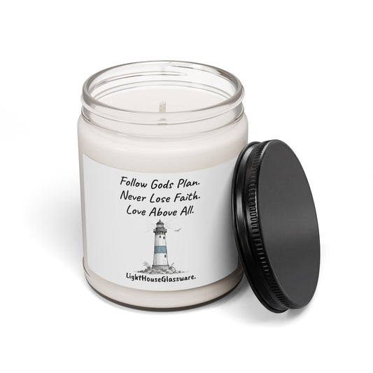 Inspirational Lighthouse Soy Candle – "Follow God's Plan, Never Lose Faith" 9oz