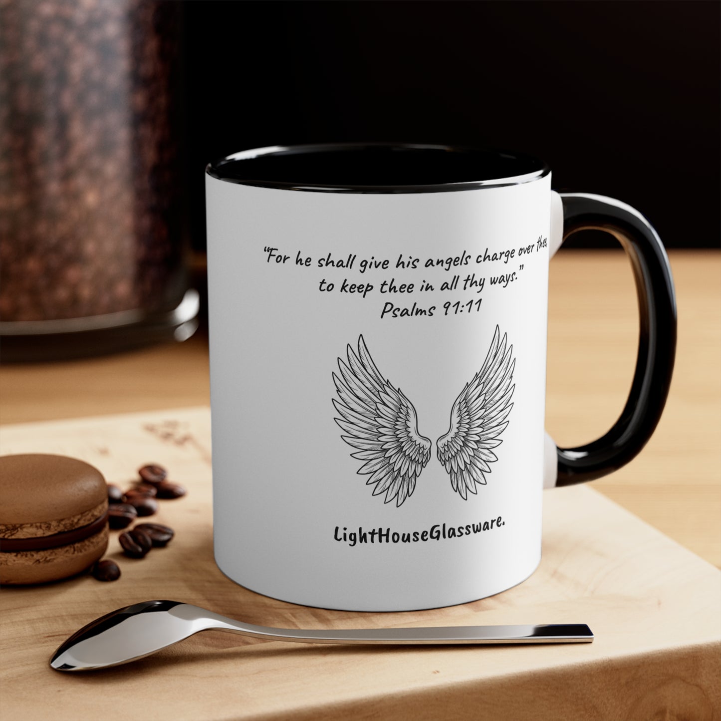 Angel Wings Accent Mug - “For he shall give his angels charge over thee, to keep thee in all thy ways.” Psalm 91:11 (KJV)