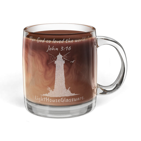 12.25oz Engraved Glass Coffee Mug - “For God so loved the world..." John 3:16 (KJV)